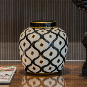 Jarron con Tapa Lagos Ceramica Blanca/Negro/Gold